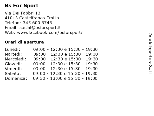 Orari di apertura Bs For Sport Via Dei Fabbri